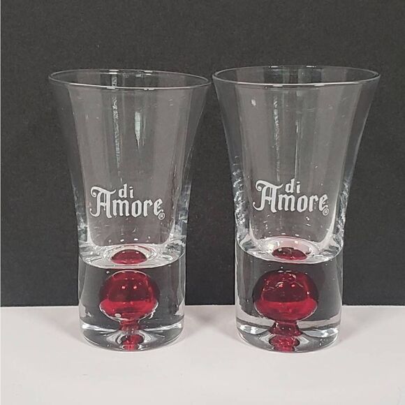 Di Amore Amaretto Shot Glasses, Red Cherry Bottom Set of 2 Frosted Logo - Picture 1 of 8